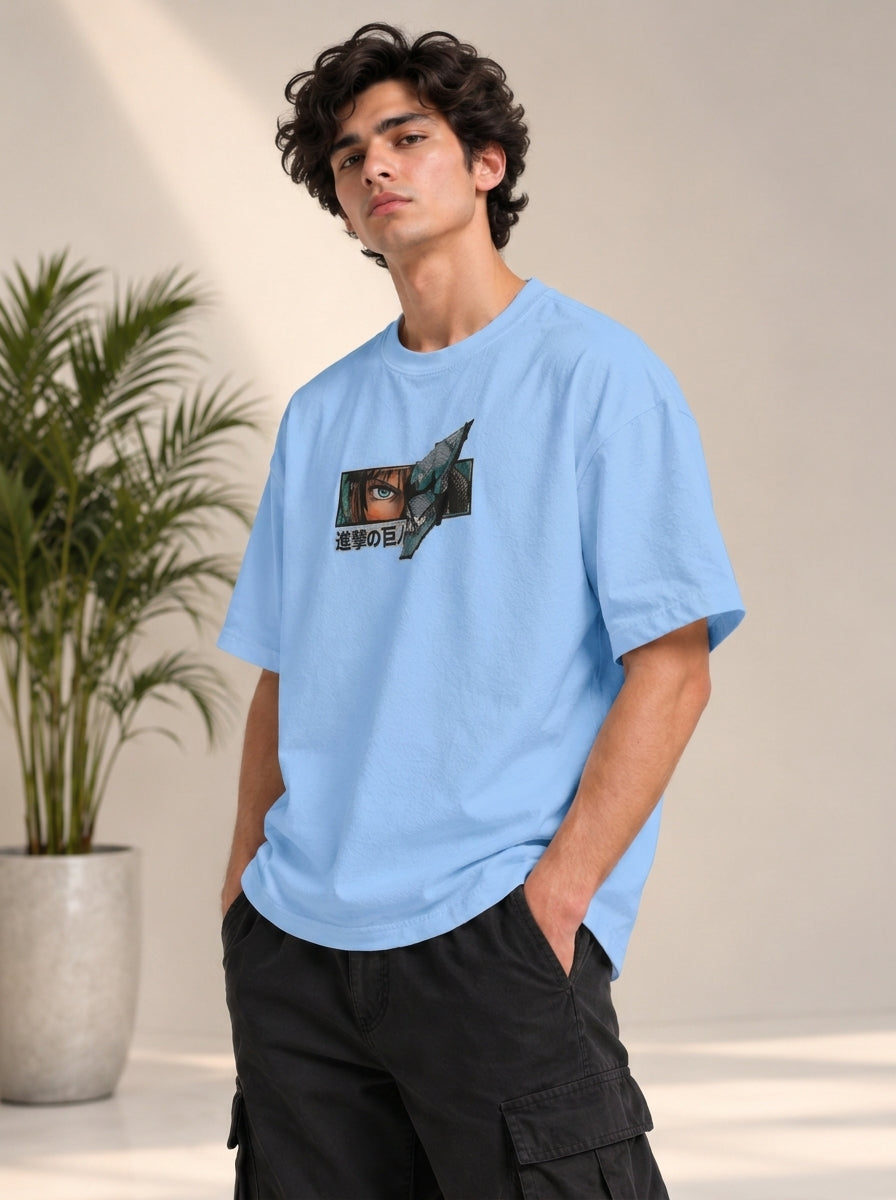 Monster Eye Anime Graphic Oversized T-Shirt - Sky Blue