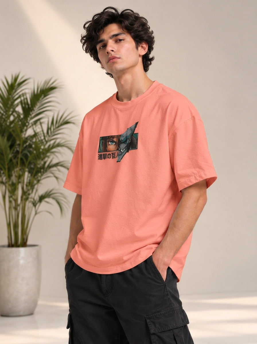 Monster Eye Anime Graphic Oversized T-Shirt - Coral