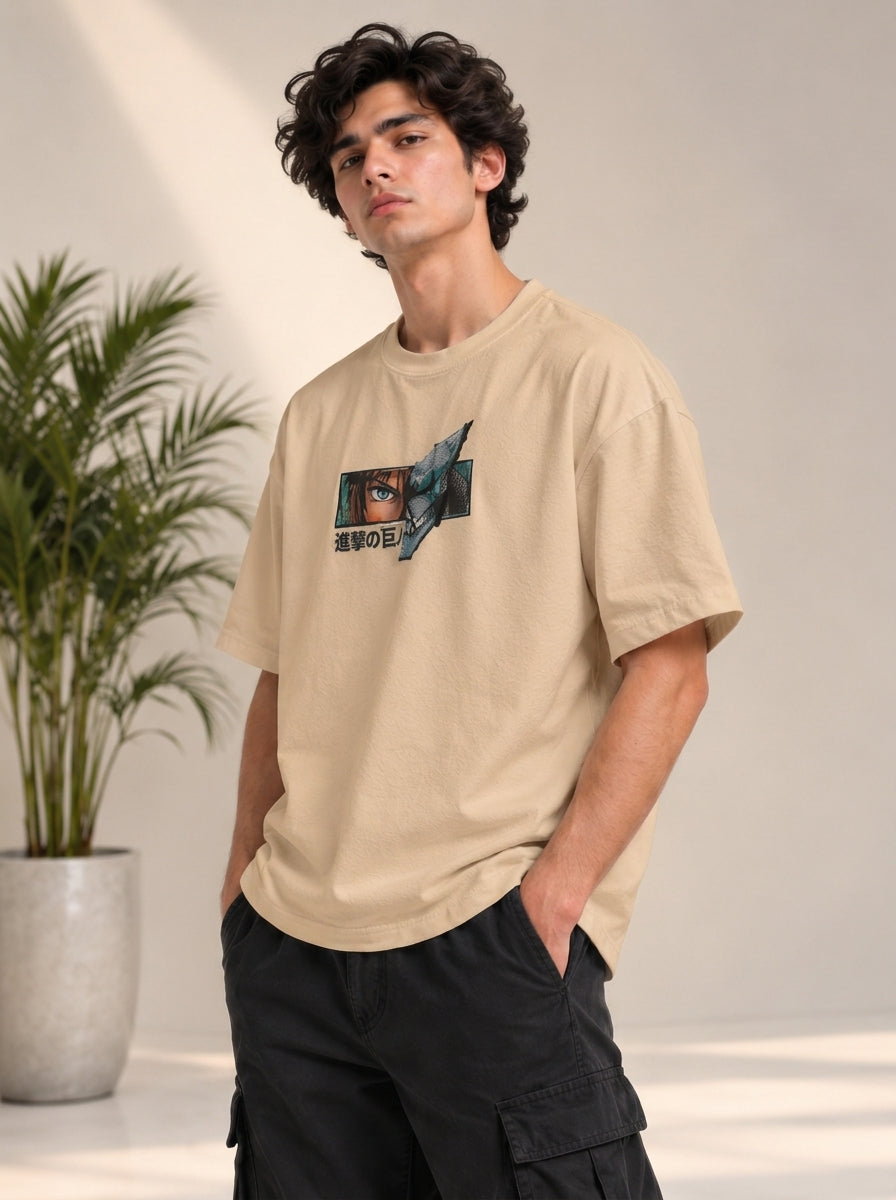Monster Eye Anime Graphic Oversized T-Shirt - Beige