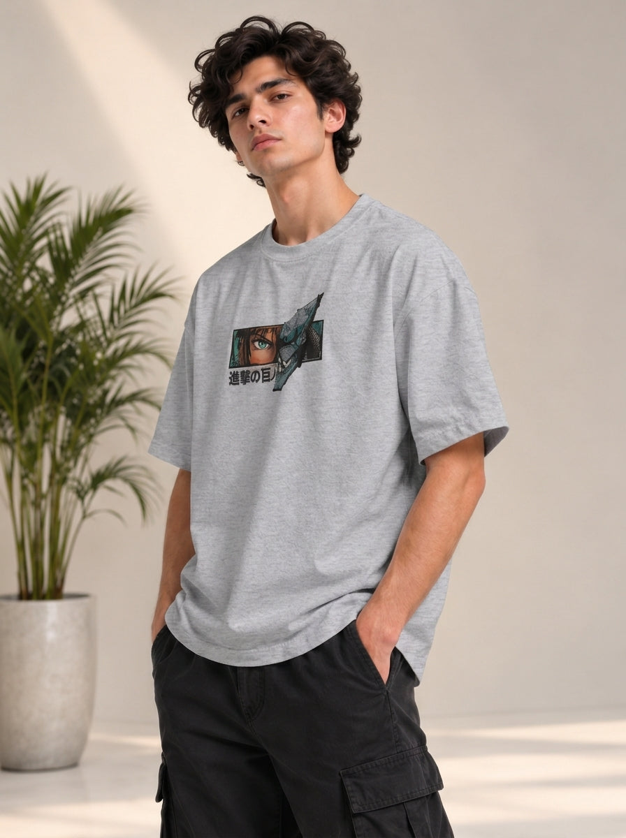 Monster Eye Anime Graphic Oversized T-Shirt - Grey