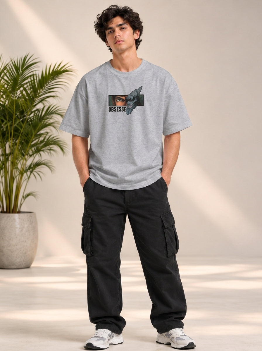 Monster Eye Anime Graphic Oversized T-Shirt - Grey
