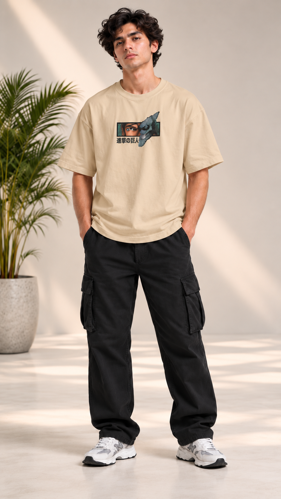 Monster Eye Anime Graphic Oversized T-Shirt - Beige