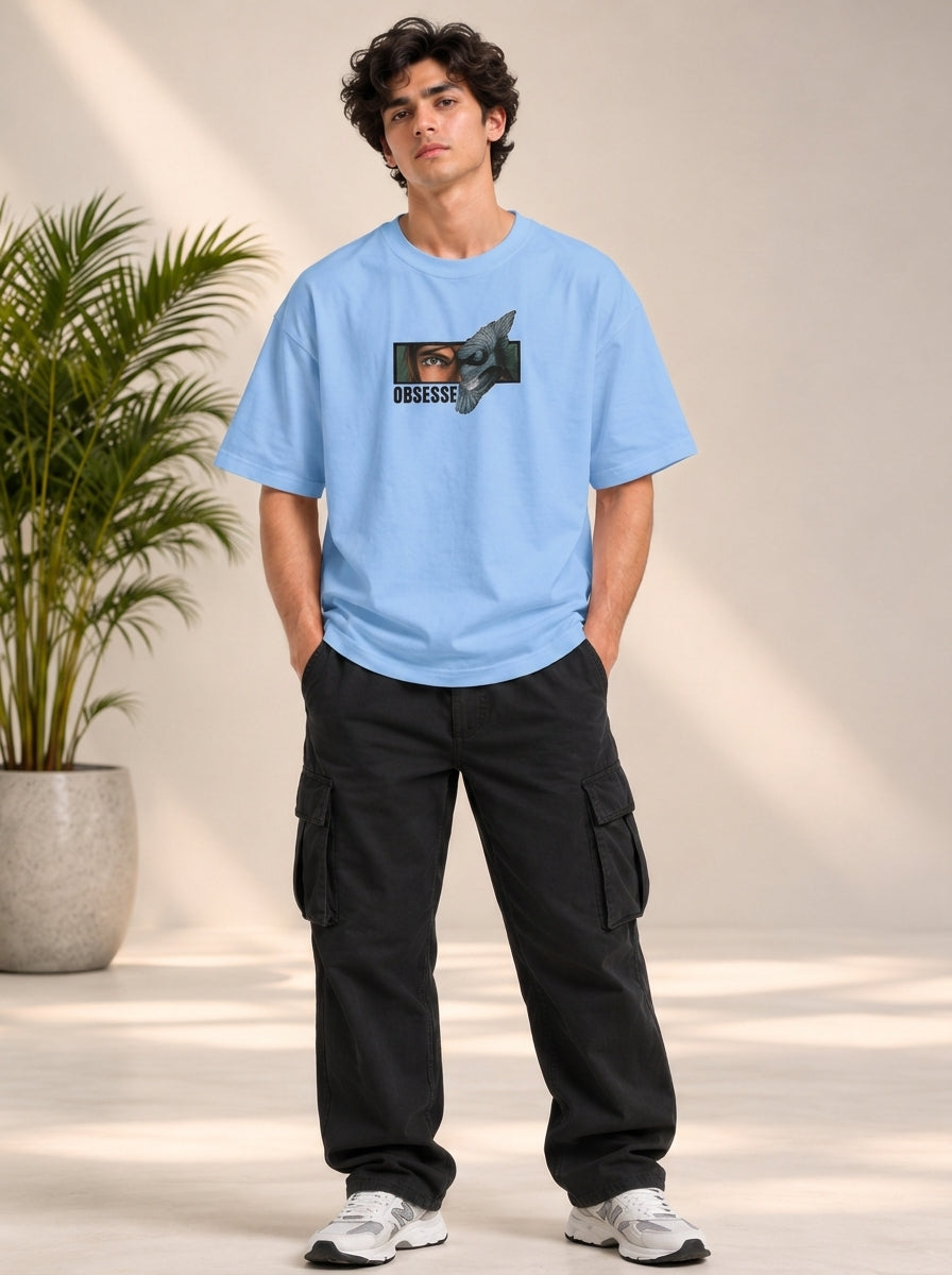 Monster Eye Anime Graphic Oversized T-Shirt - Sky Blue