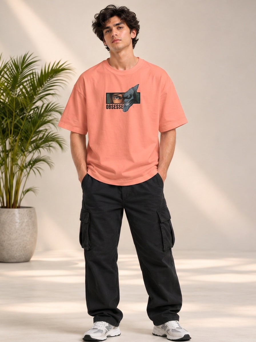 Monster Eye Anime Graphic Oversized T-Shirt - Coral