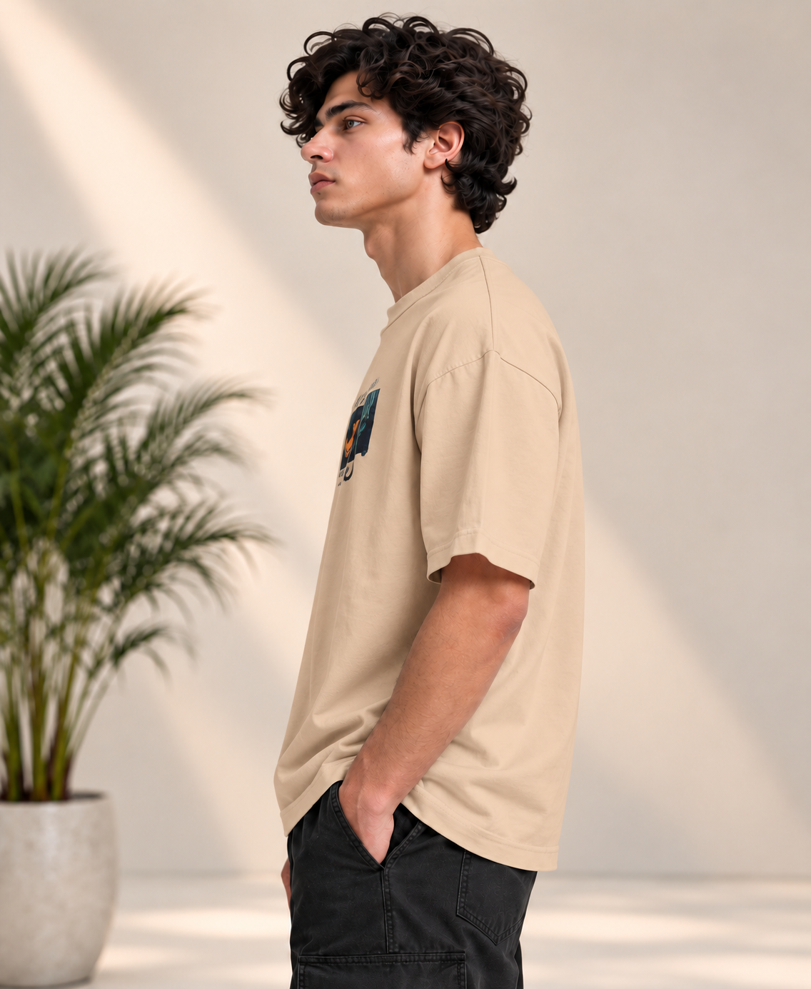 Monster Eye Anime Graphic Oversized T-Shirt - Beige