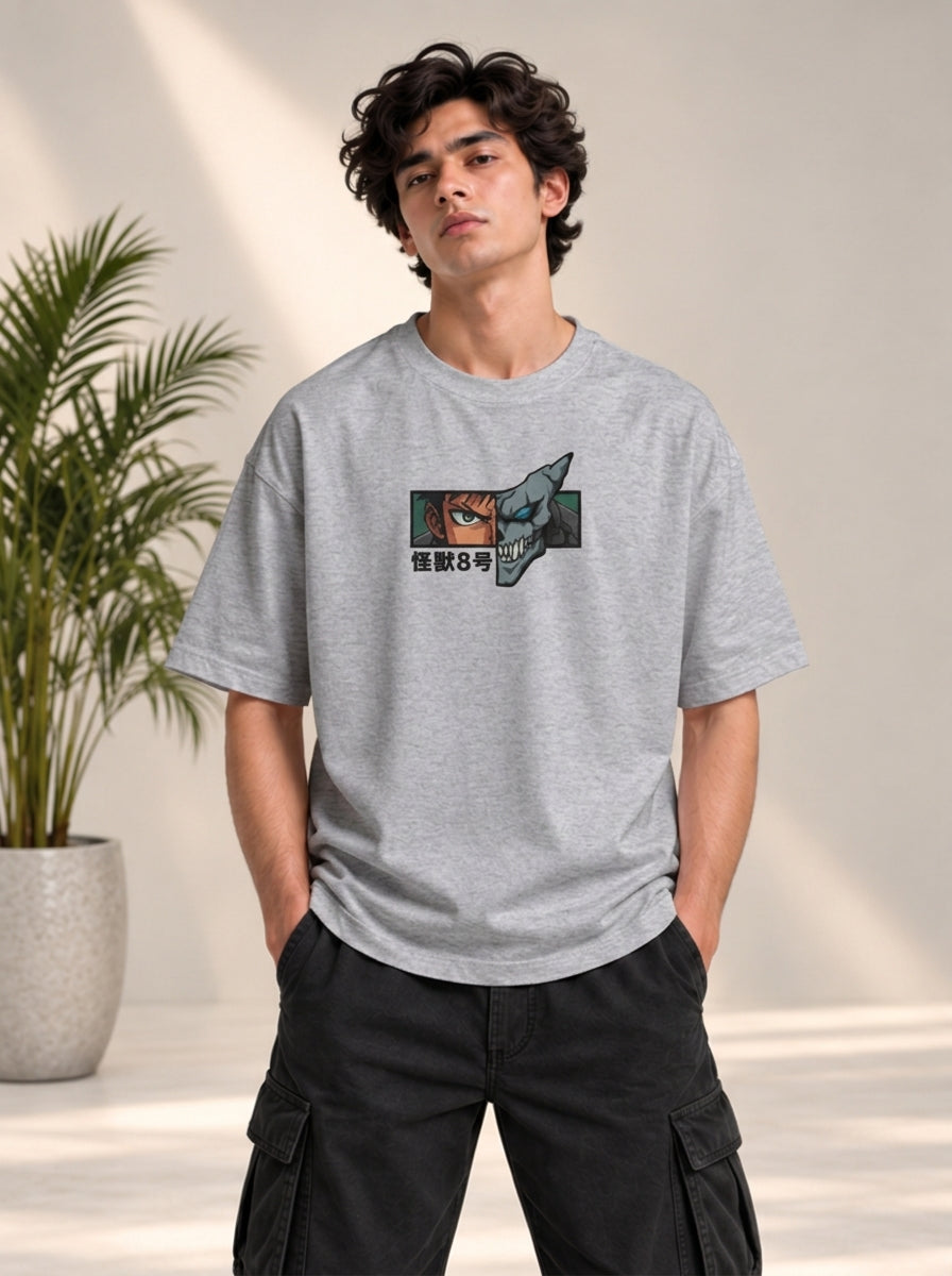 Monster Eye Anime Graphic Oversized T-Shirt - Grey