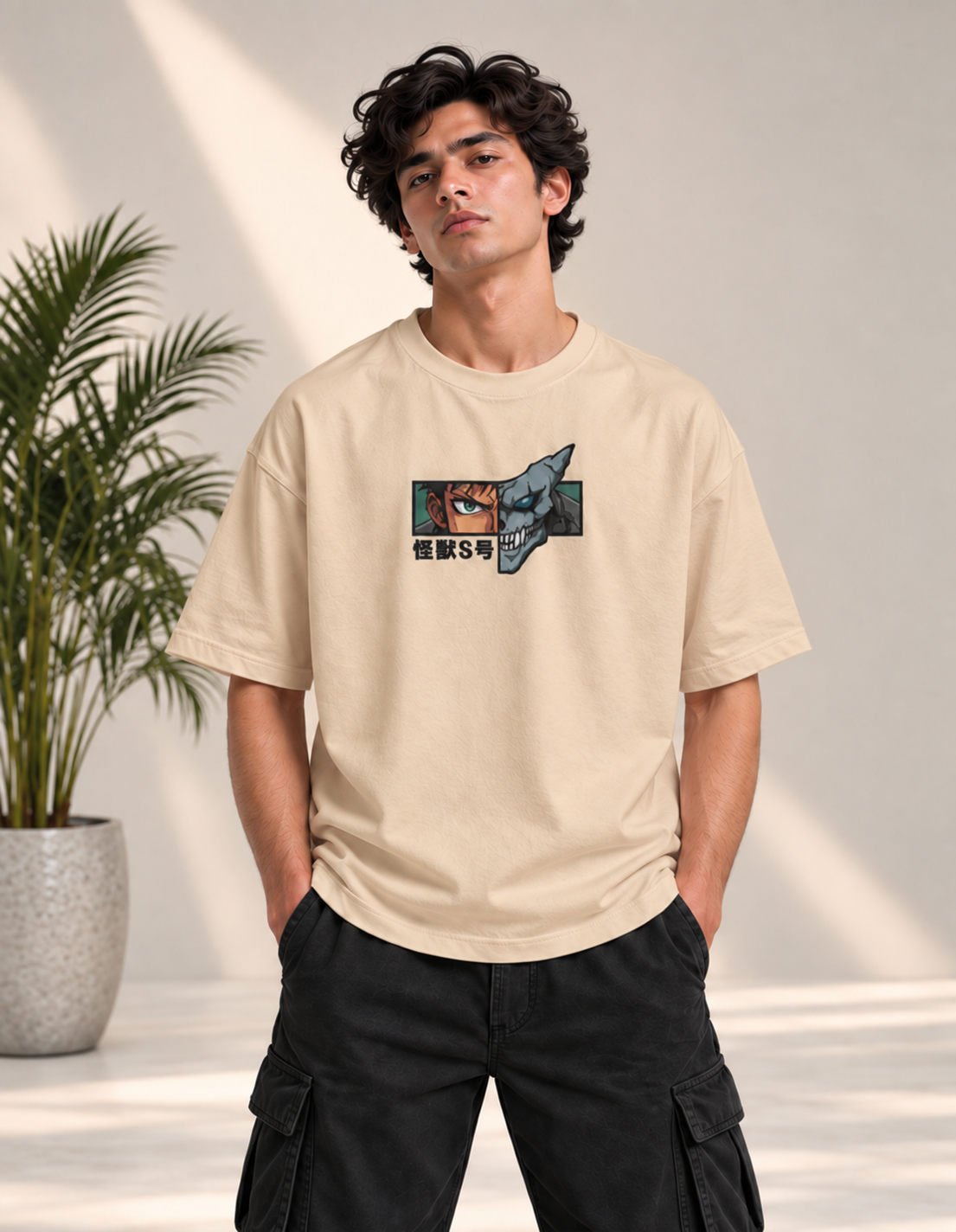 Monster Eye Anime Graphic Oversized T-Shirt - Beige
