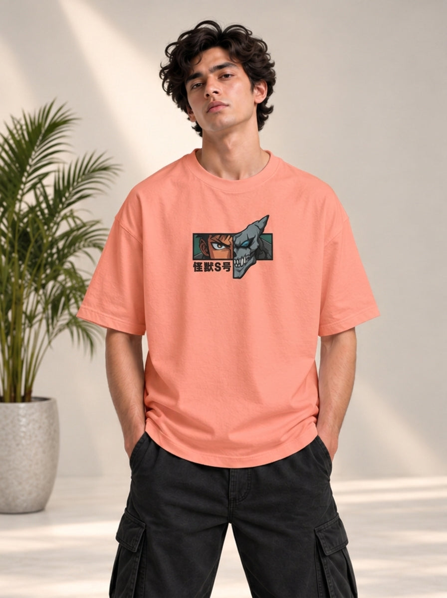 Monster Eye Anime Graphic Oversized T-Shirt - Coral